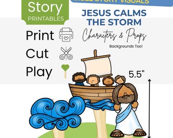 Manualidad de títeres de palo: Jesús calma la tormenta - Historia bíblica (Descarga PDF)