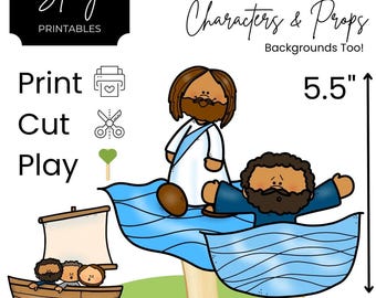 Historia de Jesús caminando sobre el agua: Marionetas bíblicas de palitos para imprimir (Descarga digital)