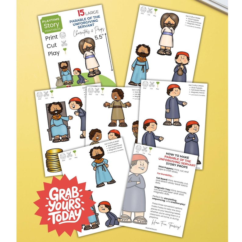 Jesus teaches wisdom in the Parable of the Wise and Foolish Builders. Printable Bible characters, props, and story scenes help kids learn faith through storytelling, sequencing, and retelling. Great for homeschool, Sunday school Bible lessons.