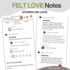 May include: An Etsy shop screenshot with customer reviews for felt board stories and printables. The shop name is Playtime FeltsUSA. The reviews mention Bible stories and felt characters. The top of the image reads "FELT LOVE Notes" and "STORIES WE LOVE".