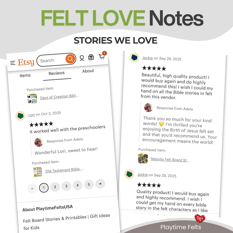 May include: An Etsy shop screenshot with customer reviews for felt board stories and printables. The shop name is Playtime FeltsUSA. The reviews mention Bible stories and felt characters. The top of the image reads "FELT LOVE Notes" and "STORIES WE LOVE".