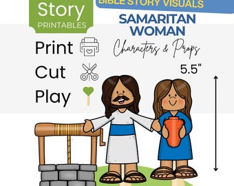 Títeres de palito con la historia bíblica de la Mujer Samaritana, tablero de fieltro (Descarga PDF)