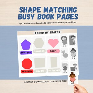Puede incluir: Una página de libro interactivo de emparejamiento de formas con el texto "Shape Matching Busy Book Pages" en azul. La página incluye formas como un pentágono morado, un corazón rosa y un octágono rojo. El texto "I Know My Shapes" está en la parte superior.