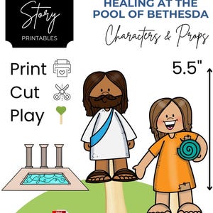 May include: A set of 13 large printable characters and props for a play about healing at the pool of Bethesda. The characters are 5.5 inches tall and include Jesus and a woman with a mat. The set also includes a pool with columns.