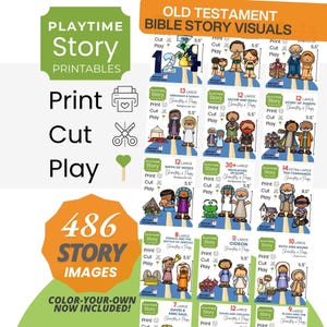 Puede incluir: Un gráfico colorido con visuales de historias bíblicas, con el texto "Playtime Story Printables". La imagen incluye ilustraciones de varias escenas bíblicas, con las palabras "Print, Cut, Play" y "486 Story Images".