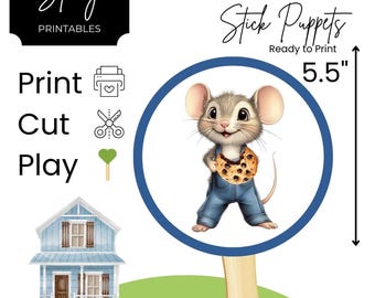 May include: A set of 22 large stick puppets featuring a mouse holding a cookie. The puppets are 5.5 inches tall and are ready to print. The image includes the text "If you give a mouse a cookie" and "Stick Puppets".