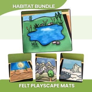 May include: A Habitat Bundle of felt playscape mats. The mats depict a pond, desert, mountains, and arctic scenes. The pond scene has a blue pond with green grass. The desert scene has a sun and cacti. The mountain scene has a tree. The arctic scene has snow.