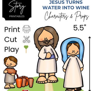Può includere: Un set di 10 grandi burattini di carta stampabili per uno spettacolo teatrale per bambini sulla storia biblica di Gesù che trasforma l'acqua in vino. I burattini sono alti 14 cm e includono Gesù, una donna e un uomo che porta una brocca. Il testo "Stampa, ritaglia, gioca" è incluso nell'immagine.