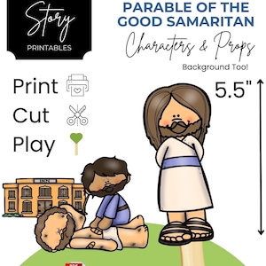 May include: A set of 15 large printable puppets for a play about the Parable of the Good Samaritan. The puppets are 5.5 inches tall and include characters and props. The image shows a scene from the story with the Good Samaritan helping a man who has been robbed.