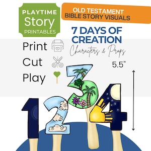 Puede incluir: Un colorido conjunto imprimible educativo con el texto "PLAYTIME Story PRINTABLES" y "OLD TESTAMENT BIBLE STORY VISUALS". El conjunto incluye los números 1-4, cada uno con un diseño único, y el texto "7 DAYS OF CREATION Characters & Props". Los accesorios miden 14 cm de altura.