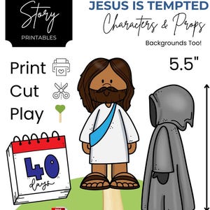 May include: A printable set of 15 large, 5.5 inch tall, Jesus is Tempted characters and props. The set includes Jesus, a devil, and other props for a play or puppet show. The set is perfect for Sunday school or home use.