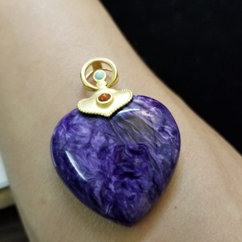 Rare Find! Charoite Heart Shaped Pendant 14k Coated Over 925 Silver