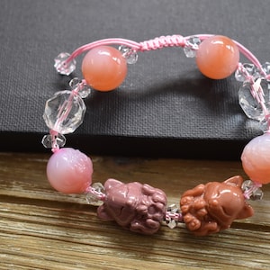 Alashan Agate Baby Nine-Tailed Foxes, African Agate & Clear Quartz Adjustable Bracelet, Entirely Hand Crafted! Rare Deal!