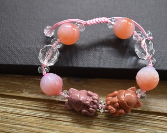 Alashan Agate Baby Nine-Tailed Foxes, African Agate & Clear Quartz Adjustable Bracelet, Entirely Hand Crafted! Rare Deal!