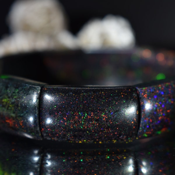 Premium Select High Grade Australian Black Opal Stretch Bracelet, Bangle Style, 15.5mm+, Very Colorful, Very Rare!