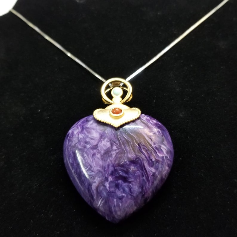Rare Find! Charoite Heart Shaped Pendant 14k Coated Over 925 Silver
