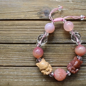 Alashan Agate Baby Nine-Tailed Foxes, African Agate & Clear Quartz Adjustable Bracelet, Entirely Hand Crafted! Rare Deal!