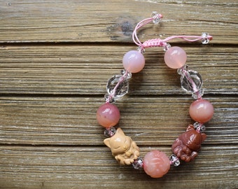 Alashan Agate Baby Nine-Tailed Foxes, African Agate & Clear Quartz Adjustable Bracelet, Entirely Hand Crafted! Rare Deal!