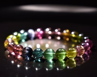 Premium Select High Grade Brazilian Old Mine Rainbow Tourmaline Stretch Bracelet, 8mm+, Rich and Deep Colors! Comes with Cert! Very Rare!