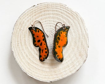 copper dangle earrings, enamel earrings, orange black earrings, gifts for Her, butterfly earrings, handmade gift, earrings, jewelry, fun