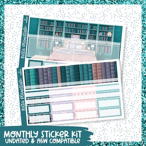 May include: Teal and pink monthly sticker kit featuring a bookshelf and bed scene. The sticker kit is undated and compatible with A5W planners. The text "Bella Plannula" is on the sticker sheet.