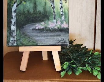 Miniature 4"X4" Acrylic Landscape Painting Birch Walk Forest Path
