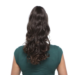 May include: A long, dark brown, wavy ponytail hair extension.