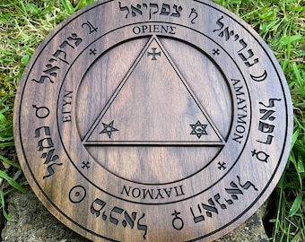 TRITHEMIUS&#39; TABLE Of PRACTICE (Version 3 - Walnut / Four Kings in Greek) - Walnut Carved Scrying Table of Conjuration