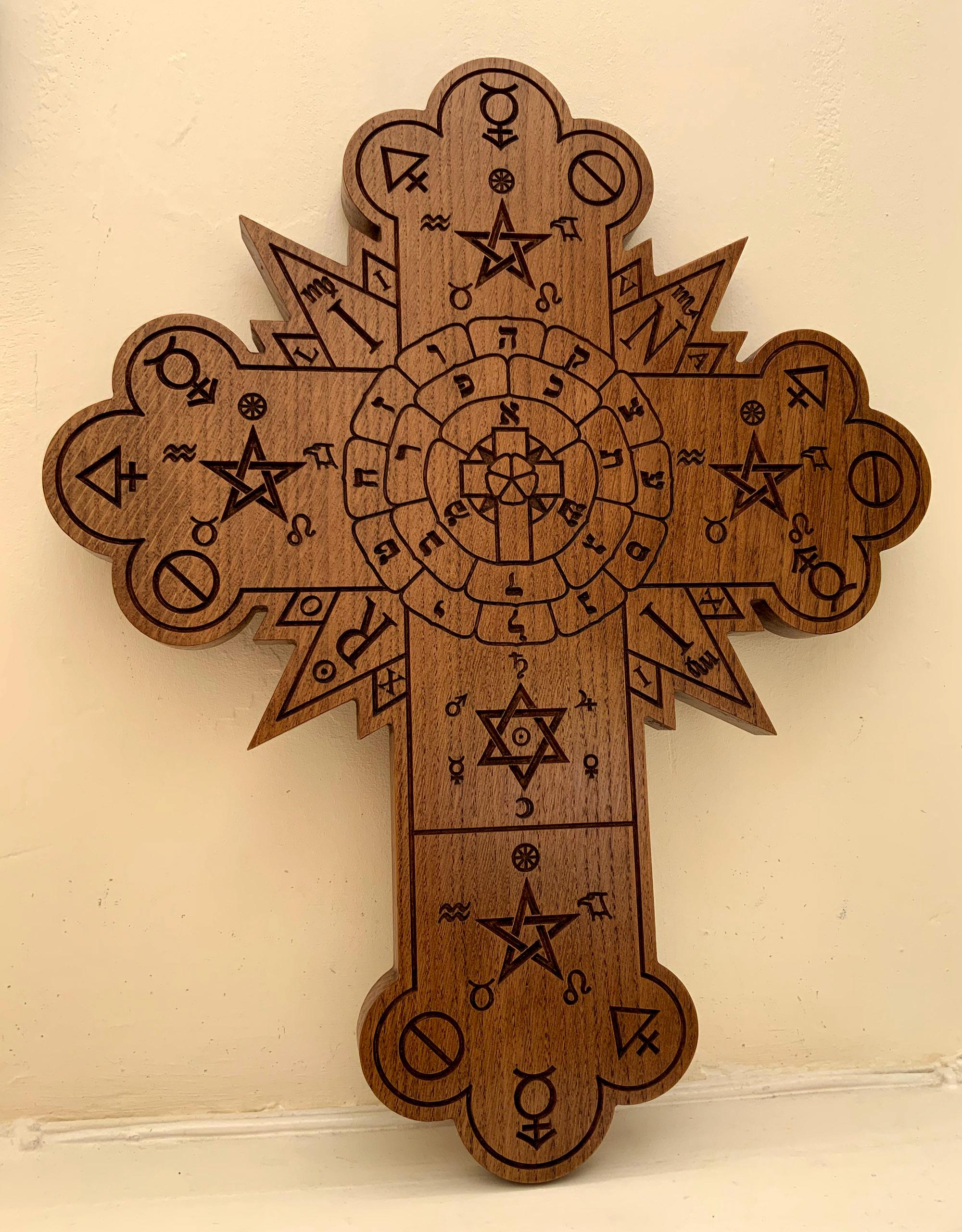 THE ROSE CROSS - Large Oak Carving. Hanging Hermetic Rosicrucian