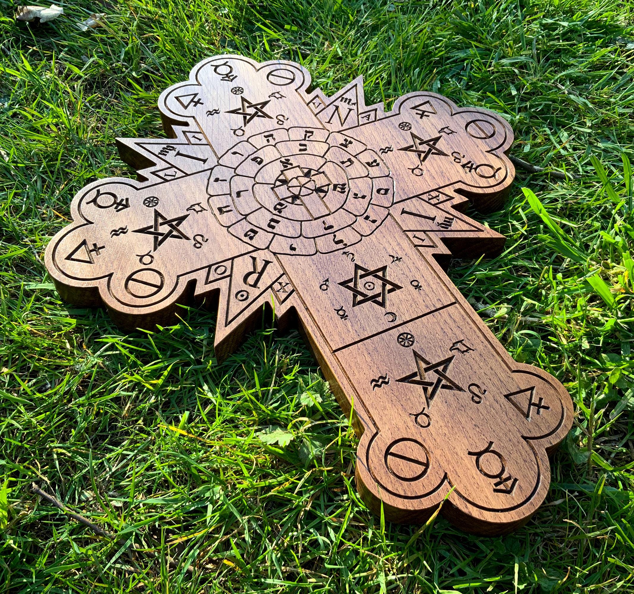 お*花様 【Rosen Kreuz】double sack press wide THE ROSE CROSS - Large Oak Carving. Hanging Hermetic Rosicrucian