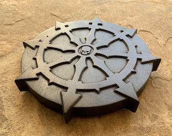 THE CHAOS PENTACLE - Carved Chaos Dharmachakra Pentacle in solid ebonised walnut (Chaos Magic)