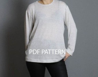 Oversize knit top, US sizes 6-18, sewing pdf pattern, W107.