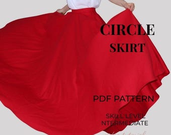 May include: A bright red circle skirt with a high waistband, paired with a white sleeveless top. The text on the image reads: CIRCLE SKIRT, PDF PATTERN, SKILL LEVEL INTERMEDIATE, video tutorial.
