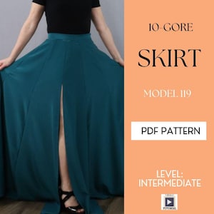 Patrón PDF, falda de 10 paneles con abertura, talla estadounidense 6-18