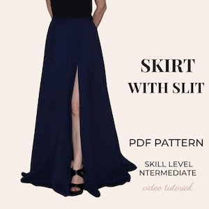 May include: A floor-length navy blue skirt featuring a high front slit. The text on the right reads SKIRT WITH SLIT, PDF PATTERN, SKILL LEVEL INTERMEDIATE, and video tutorial. The skirt is paired with a black top and black sandals.