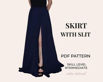May include: A floor-length navy blue skirt featuring a high front slit. The text on the right reads SKIRT WITH SLIT, PDF PATTERN, SKILL LEVEL INTERMEDIATE, and video tutorial. The skirt is paired with a black top and black sandals.