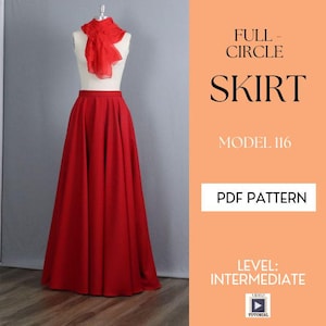 Op de afbeelding: Een rode cirkelrok op een etalagepop met een bijpassende rode sjaal. De tekst rechts luidt FULL-CIRCLE SKIRT, MODEL 116, PDF PATTERN, LEVEL: INTERMEDIATE, en bevat onderaan een icoon voor een video-tutorial.