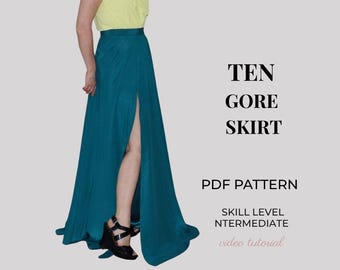 May include: A floor-length teal ten-gore skirt with a high front slit, paired with a light yellow top. The text reads TEN GORE SKIRT, PDF PATTERN, SKILL LEVEL INTERMEDIATE, and video tutorial. The skirt features a fitted waistband and flowing fabric.