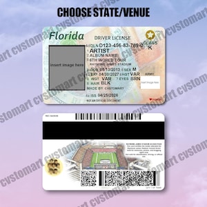 May include: A novelty Florida driver's license and stadium access pass. The front has a placeholder for an image, with details like the artist, tour, and stadium. The back shows a stadium illustration and a barcode. Text includes "Choose State/Venue".