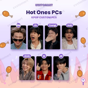 May include: A set of seven KPOP custom photo cards titled Hot Ones PCs by CUSTOMART. Each card features a different individual with labels RM, Jin, Yoongi, Hobi, Jimin, V, and JK. The background is light purple with small fried chicken icons.