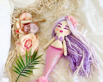 Handmade Fabric Mermaid Art Doll: Collectible Textile Toy & Rose Quartz Gift