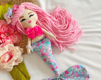 Handmade Fabric Mermaid Art Doll: Collectible Textile Toy & Rose Quartz Gift