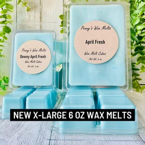 May include: Two packages of light blue wax melt cubes. One package is labeled "Downy April Fresh" and the other "April Fresh." The text "NEW X-LARGE 6 OZ WAX MELTS" is at the bottom. Green foliage is in the background.