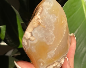 May include: A freeform, polished agate crystal with a light brown and white color pattern. The crystal has a smooth, polished surface and a unique, natural shape.