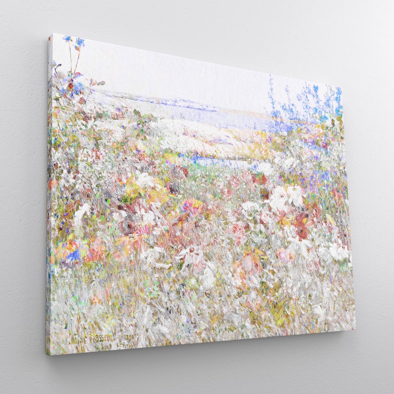 K&ouml;nnte beinhalten: Ein impressionistischer Leinwanddruck eines Wildblumenfeldes. Das Kunstwerk weist einen strukturierten, pastosen Stil mit wei&szlig;en, gelben, rosa und blauen Farbt&ouml;nen auf. Das Gem&auml;lde zeigt eine sonnige Wiese mit einem fernen Horizont.
