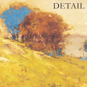 May include: An impressionistic landscape painting with a hillside of yellow grass and trees with brown and blue foliage. The word "DETAIL" is written in black at the top. A body of water is visible in the background.
