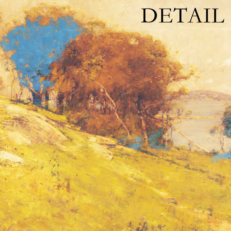 May include: An impressionistic landscape painting with a hillside of yellow grass and trees with brown and blue foliage. The word "DETAIL" is written in black at the top. A body of water is visible in the background.