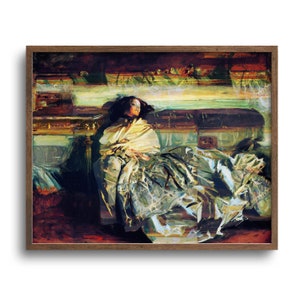 May include: A framed art print of a woman reclining on a sofa, rendered in an impressionistic style. The artwork features a palette of warm browns, greens, and yellows, with the woman draped in a cream-colored shawl and a patterned dress.