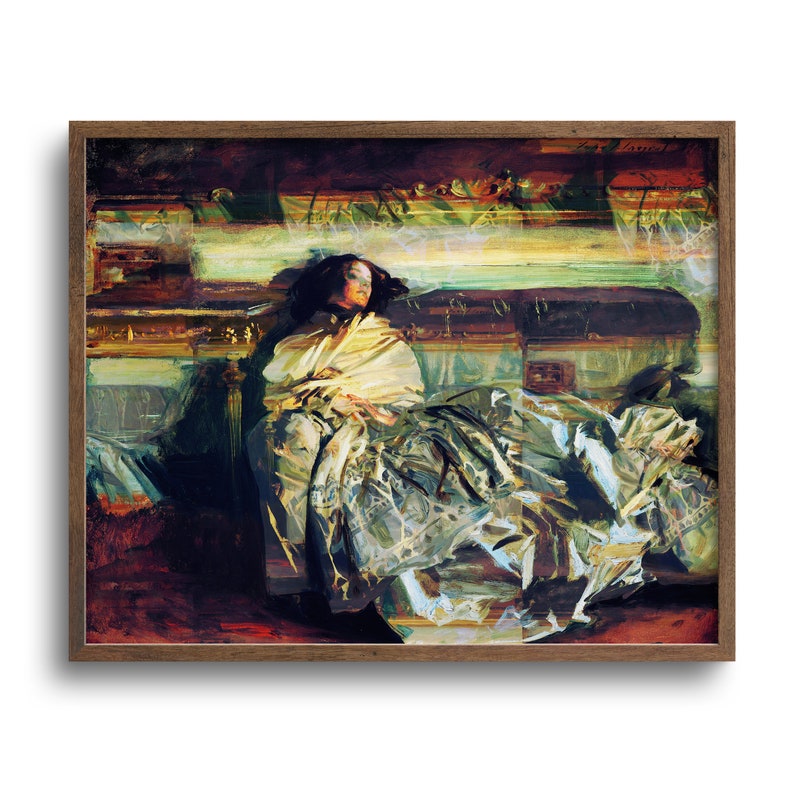 May include: A framed art print of a woman reclining on a sofa, rendered in an impressionistic style. The artwork features a palette of warm browns, greens, and yellows, with the woman draped in a cream-colored shawl and a patterned dress.