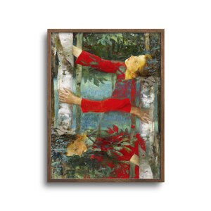 K&ouml;nnte beinhalten: Gerahmtes Gem&auml;lde, das eine Person in einem roten Kleid zeigt, die Birken in einem Wald umarmt. Das Kunstwerk verwendet Gr&uuml;n-, Blau- und Rott&ouml;ne mit sichtbaren Pinselstrichen. Das Gem&auml;lde befindet sich in einem Holzrahmen.
